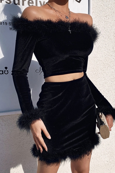 Plain Black Feather Patch Off Shoulder Long Sleeve Cropped Top with Mini Skirt Velvet Co-ords