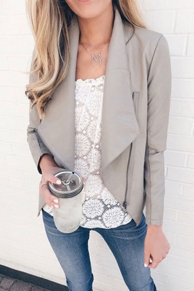 Plain Elegant Long Sleeve Shawl Collar Zipper Detail Slim Fit Open Jacket for Ladies