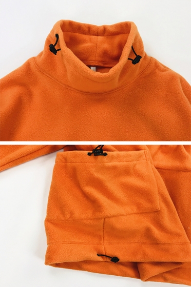 Plain Orange High Collar Long Sleeve Drawstring Pocket Loose Fleece Sweatshirt