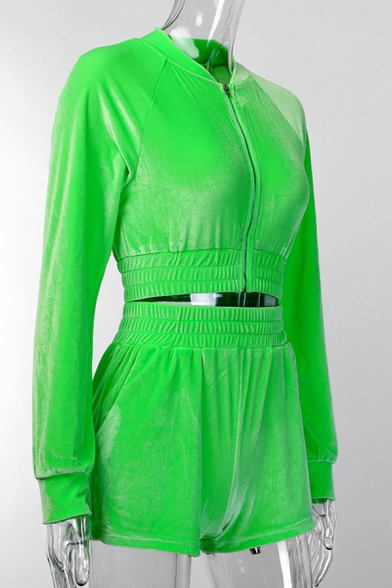 Popular Stand Collar Zip Up Crop Coat with Elastic Waist Shorts Plain Velvet Co-ords