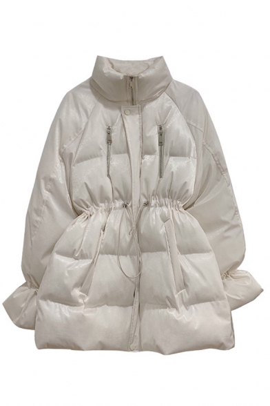 Popular Trendy Women Long Sleeve Stand Collar Zipper Detail Drawstring Oversize Midi Down Coat in White
