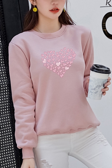 Preppy Girls' Long Sleeve Crew Neck Heart Printed Loose Fit Sherpa Lined Cute Sweatshirt