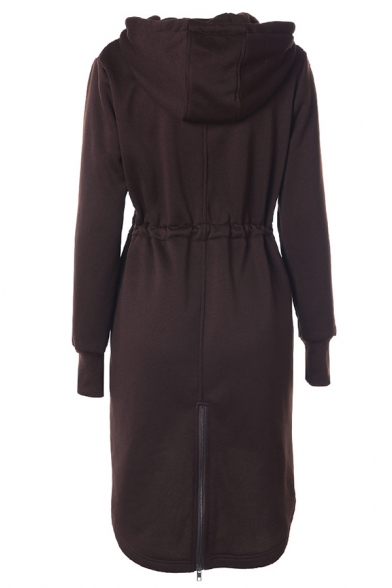 Simple Women's Long Sleeve Hooded Zipper Front Drawstring Pockets Side Plain Slim Fit Midi Coat
