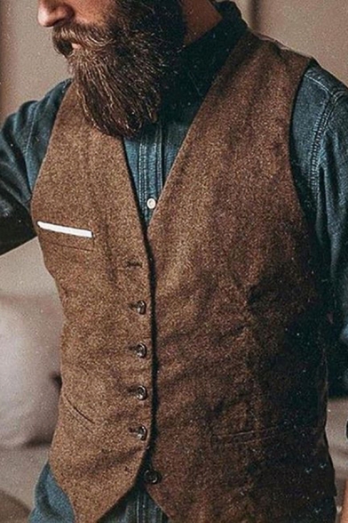 Solid Color V-neck Single Breasted Slim Fit Vintage Waistcoat Suit Vest for Men
