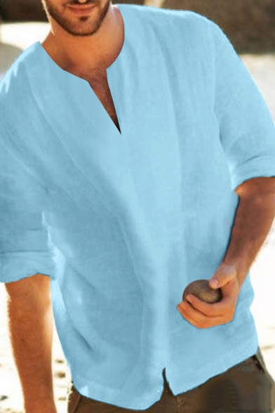 Street Fashion Plain Half Sleeve V-Neck Relaxed Fit Linen Blouse for Men