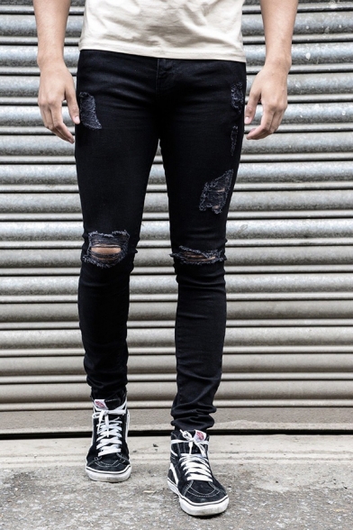 Street Simple Plain Zip Fly Skinny Fit Shredded Jeans for Men