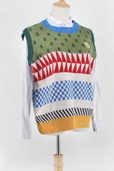 Students Creative Contrast Geometric Pattern Sleeveless Loose Pullover Sweater Vest