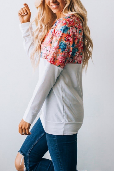 Stylish Ladies Long Sleeve Round Neck Floral Printed Thin Midi Relaxed Pullover Sweatshirt