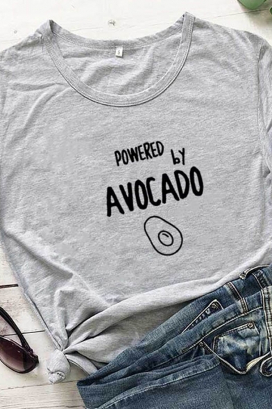 Summer Stylish POWERED BY AVOCADO Print Short Sleeve Cotton Graphic T-Shirt