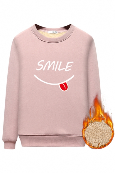 Thickened Fashion Long Sleeve Crew Neck SMILE Graphic Sherpa Liner Relaxed Pullover Sweatshirt for Girls