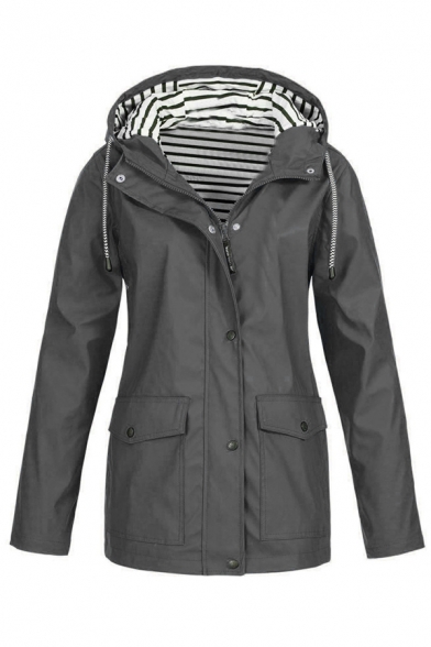 Trendy Girls' Long Sleeve Hooded Zip Button Front Drawstring Flap Pockets Stripe Liner Relaxed Trench Coat