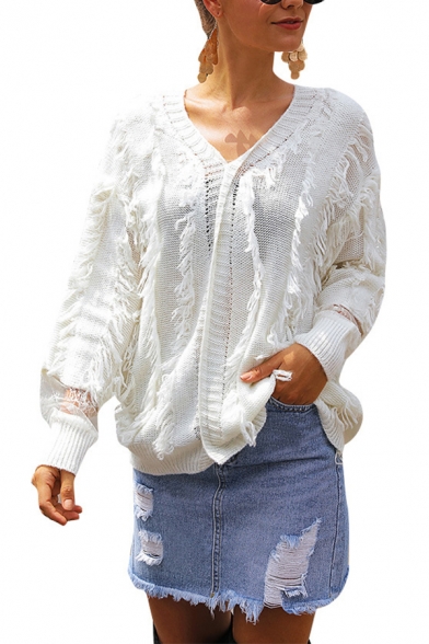 tassel patched loose knit sweater