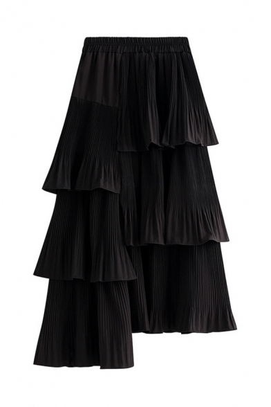 Unique Chic Elastic Waist Tiered Ruffle Asymmetric Hem Long Plain Pleated Skirt for Girls
