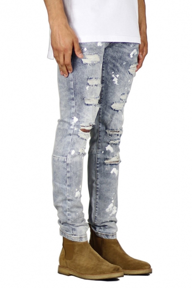 Unique Paint Splash Printed Zipper Fly Fitted Ripped Destroyed Jeans for Men