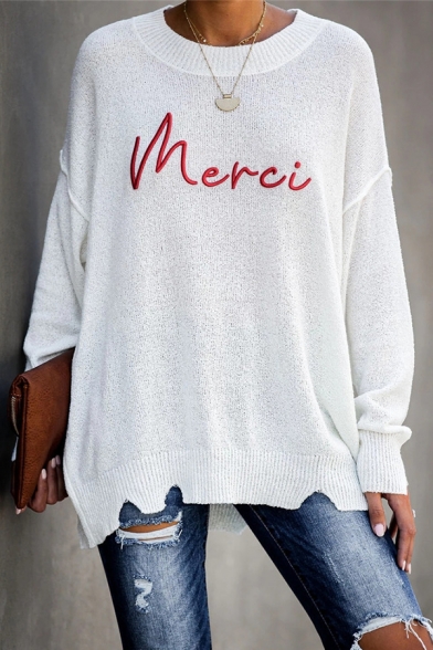 White Classic Long Sleeve Crew Neck Letter MERCI Slit Side Baggy Purl-Knit Pullover Sweater for Girls
