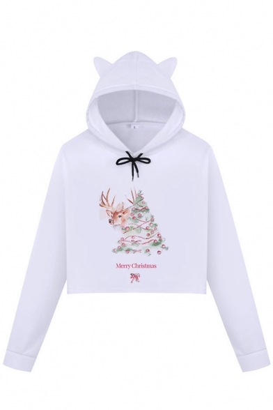 White Cute Long Sleeve Drawstring Christmas Printed Crop Relaxed Cat Ear Hoodie for Girls