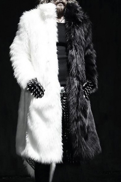 Winter Stylish Color Block Panel Long Sleeve Open Front Longline Faux Fur Coat