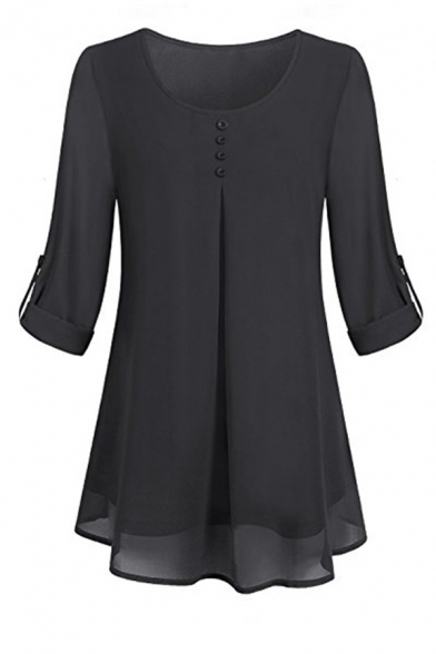 

Women' Basic Plain Roll Up Sleeve Round Neck Button Front Pleated Mesh Relaxed Blouse Top, Black;burgundy;green;pink;beige;dark blue;purple;army green, LM584570