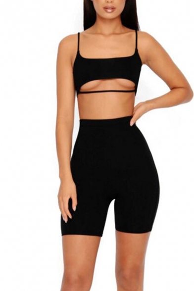 Womens Sexy Bustier Cutout Cami Top with High Waist Fitted Shorts Plain Two Piece Set