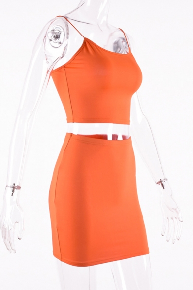 Womens Sexy Fashion Spaghetti Straps Cropped Tank with Mini Bodycon Skirt Plain Co-ords