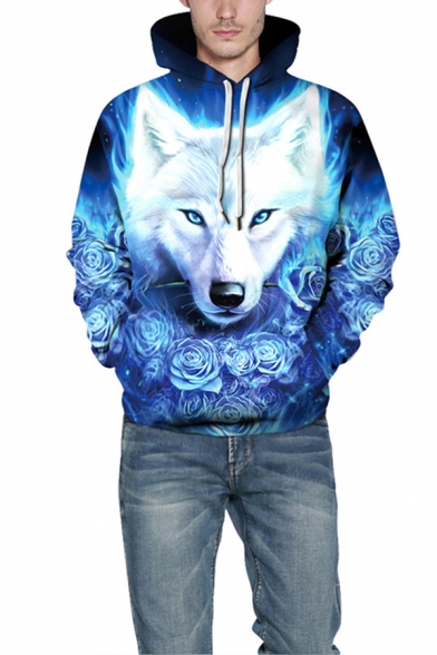 3D Floral Fire Wolf Pattern Long Sleeves Blue and Black Pullover Hoodie