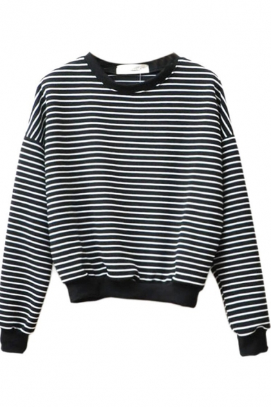 Basic Fashion Long Sleeve Crew Neck Stripe Print Loose Fit Daily Pullover Sweatshirt for Women