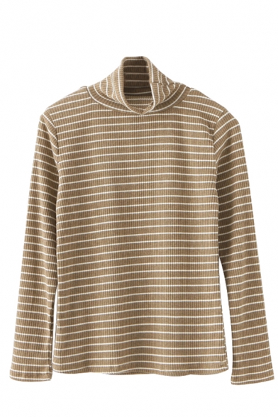 Basic Women's Long Sleeve Turtleneck Stripe Patterned Slim Fit Knit T Shirt