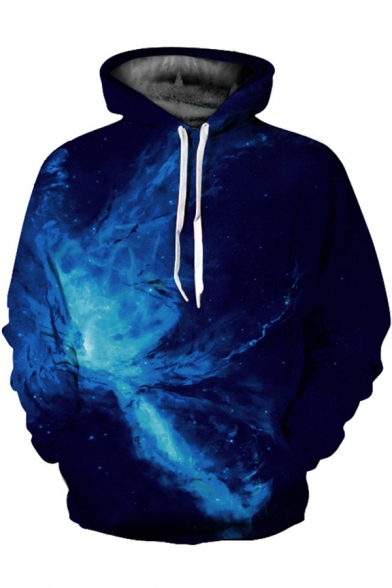 Black and Blue Galaxy 3D Printed Long Sleeves Loose Fit Pullover Hoodie