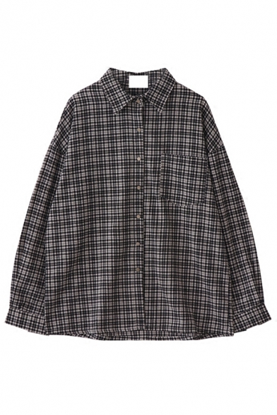 

Black Boyfriend Street Long Sleeve Lapel Neck Plaid Printed Button Down Oversize Shirt for Female, LM581155