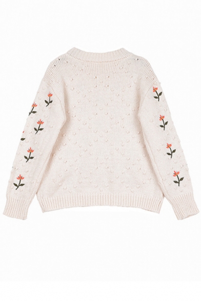 Cartoon Flower Print Long Sleeve Round Neck Loose Fit Pointelle-Trimmed Sweater