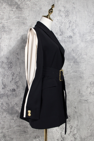 Chic Black Long Sleeve Shawl Collar Buckle Belted Contrasted Ruffle Trim Slim Slit Back Midi Blazer for Ladies