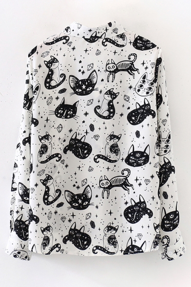 Chic Girls' Long Sleeve Lapel Neck Button Front Kitty Star Pattern Relaxed Fit Shirt