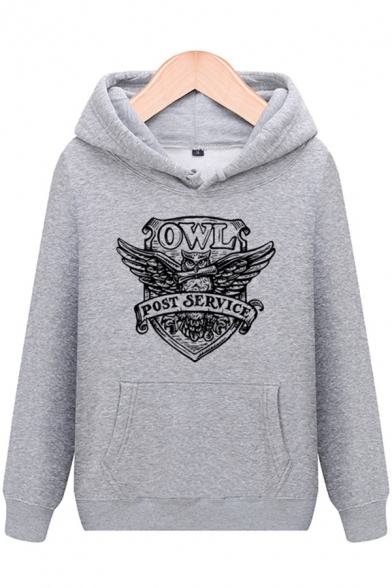 Classic Badge Letter OWL POST SERVICE Printed Long Sleeves Casual Hoodie with Pocket