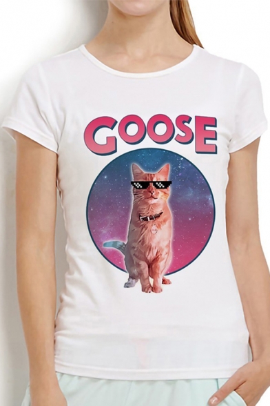 Cool Cat Letter GOOSE Print Short Sleeves Round Neck Summer T-Shirt in White