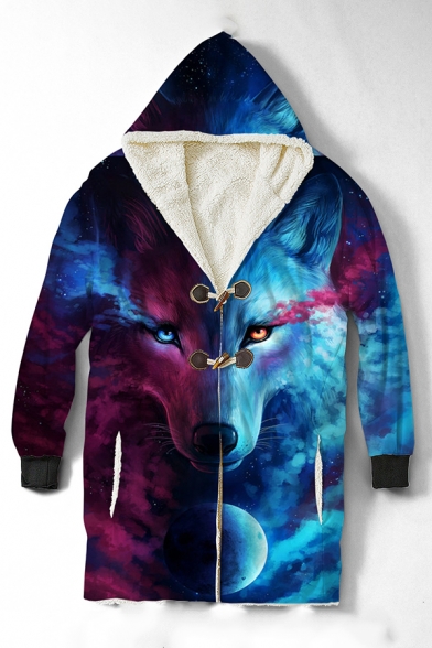 Cool Wolf 3D Printed Long Sleeve  Sherpa Lined Baggy Longline Hooded Toggle Coat