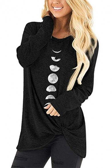 

Creative Moon Phase Print Long Sleeve Twisted Hem Loose Sweatshirt, Black;blue;burgundy;gray;coffee, LC586892