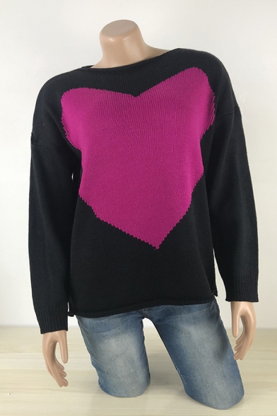 Cute Girls' Long Sleeve Boat-Neck Heart Pattern Rolled Edge Relaxed Pullover Sweater Top