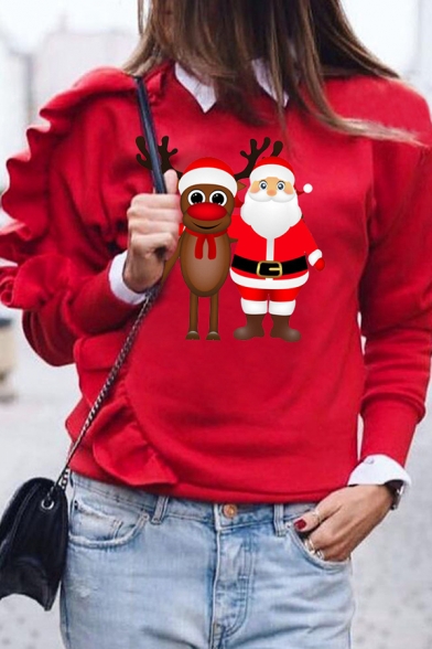 

Cute Girls' Long Sleeve Crew Neck Santa Claus and Reindeer Pattern Ruffle Trim Relaxed Fit Christmas Sweatshirt in Red, LM577388
