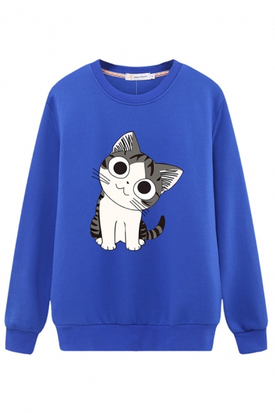 Cute Girls' Street Long Sleeve Crew Neck Kitty Patterned Boxy Daily Pullover Sweatshirt