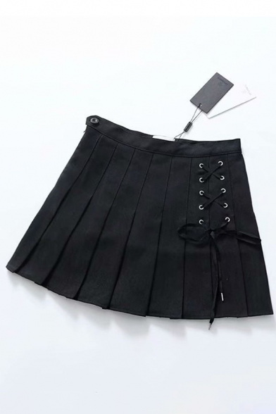 Cute Plain High Waist Lace Up Front Mini Pleated A-Line Skirt for Girls