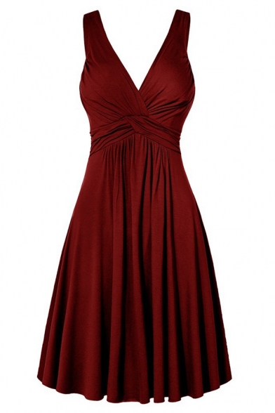Dressy Boutique Sleeveless Deep V-Neck Twist Front Mid Plain Pleated A-Line Dress for Ladies