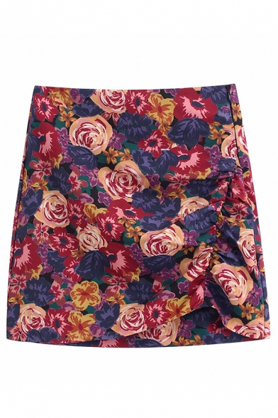 Fancy Ladies' High Waist All Over Floral Print Zipper Side Drawstring Short A-Line Skirt in Red