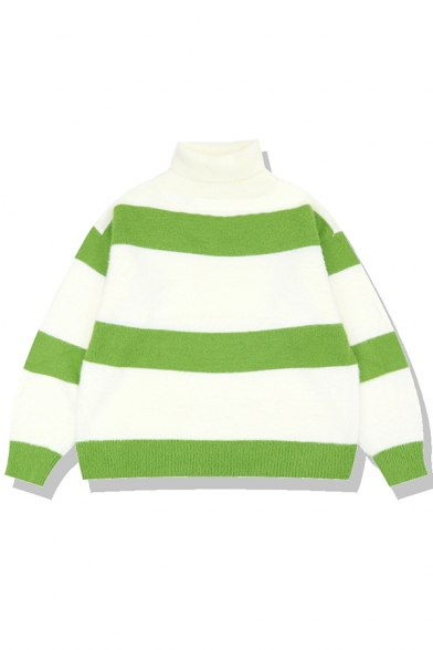 

Fashion Classic Long Sleeve High Neck Stripe Pattern Boxy Knit Pullover Sweater for Women, Blue;green;pink;yellow, LM580119