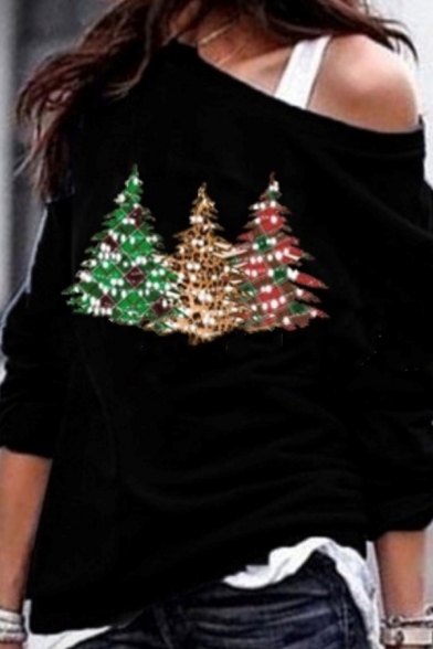 Fashion Street Long Sleeve Drop Shoulder MERRY CHRISTMAS Letter Christmas Tree Print Loose Pullover Sweatshirt for Girls