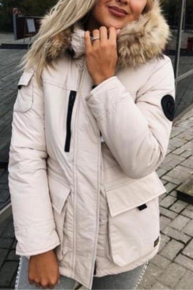 Fashion Street Long Sleeve Hooded Zipper Front Utility Pockets Fluffy Patched Plain Loose Fit Midi Parka Coat for Girls