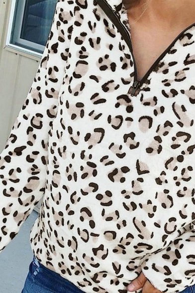Fashion Street Women Long Sleeve Stand Collar Half Zip Leopard Printed Loose Pullover Sweatshirt in White