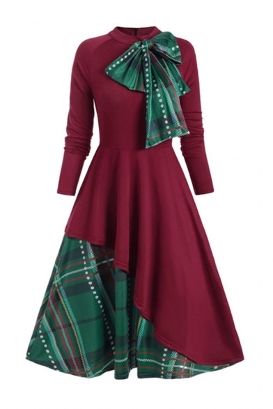 Female Unique Fashion Long Sleeve Stand Collar Bow Tie Zip Back Plaid Printed Patched Maxi Pleated Flared Dress