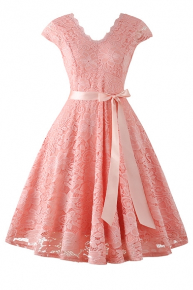 Formal Dressy Short Sleeve V-Neck Bow Tie Waist Lace Bi-Layer Plain Midi Pleated Swing Prom Dress for Girls