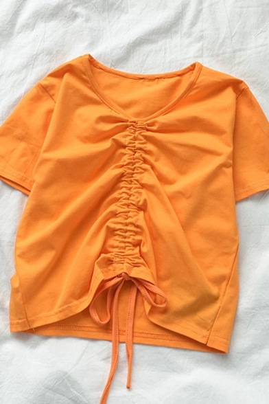 Formal Plain Short Sleeve V-Neck Drawstring Slim Fit T Shirt for Girls