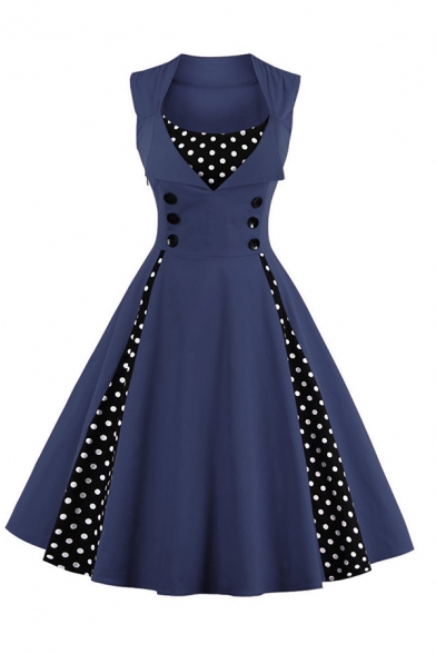 Formal Vintage Ladies' Sleeveless Lapel Collar Polka Dot Patched Double Breasted Long Pleated Flared Dress